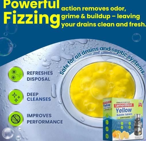 Lemon Blast Yellow Bubble Tablets, Odor Eliminator + Blockage Remover (Pack of 24)